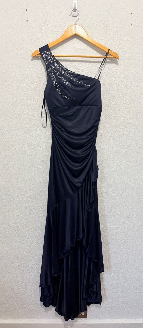 vintage y2k deb dress gown one shoulder high low rhinestone glam asymmetrical